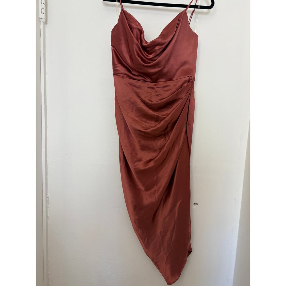 House of CB Rust Satin Cowl Neck Asymmetrical Slip Dress Size Large Used